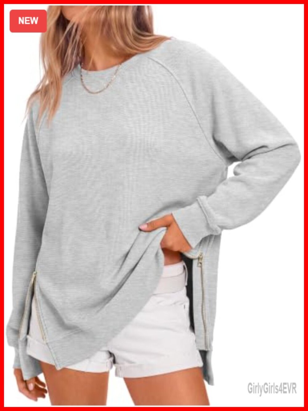 Oversized Crewneck Tunic Sweatshirt Relaxed Fit Side Zip Long Sleeve
